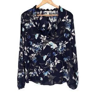 White House Black Market Floral Navy BlouseRuffle Long Sleeve Womens Size 14